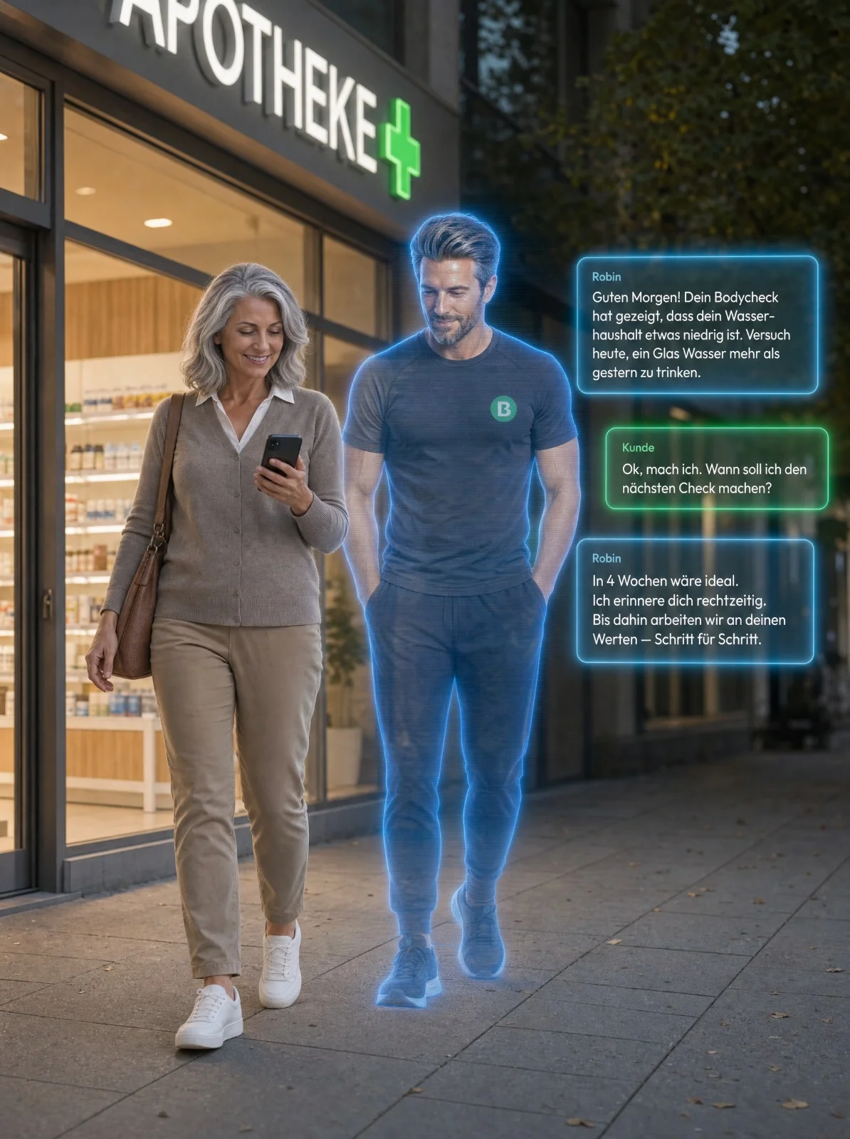 Robin Health-Coach als holografische Figur neben einer Kundin vor einer Apotheke, mit eingeblendeten Chat-Bubbles