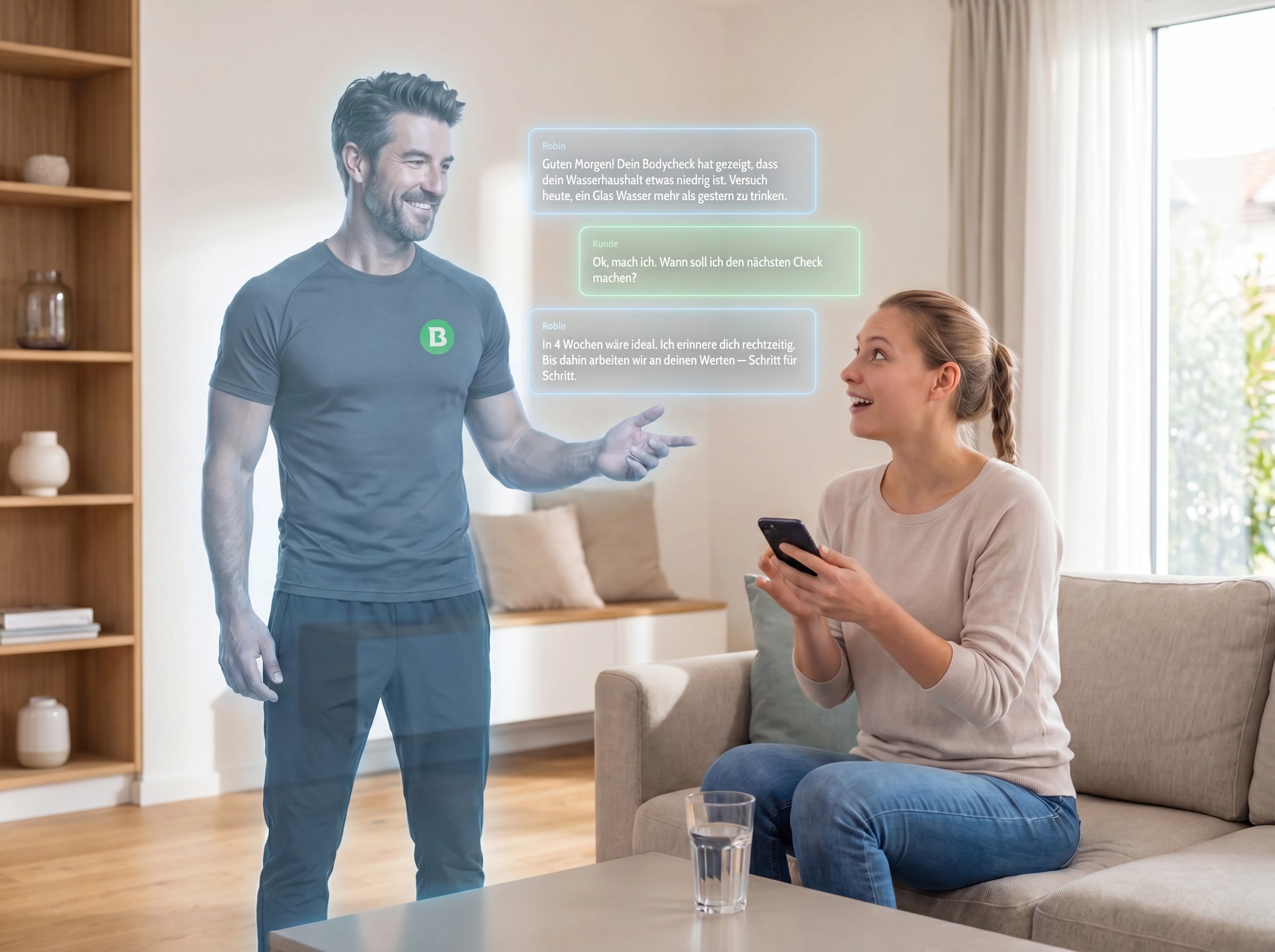Kundin zuhause mit Robin-Impuls auf dem Smartphone wird Stammkundin